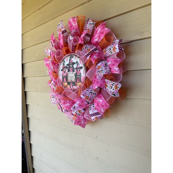Pink Halloween Witches Breast Cancer Awareness Mesh Ribbon Wreath Door Decor - Picture 6 of 7